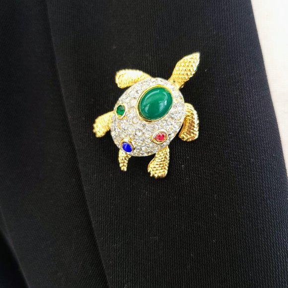 Vintage Sphinx Rhinestone and Cabochon Turtle Brooch Pin - Picture 7 of 9